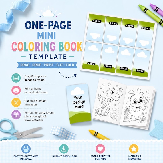 Editable Mini Coloring Book Template | Canva DIY Printable | One-Page Foldable Coloring Booklet | Custom Party Favors for Kids