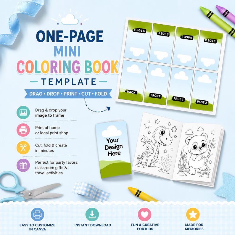 May include: A one-page mini coloring book template with the text "ONE-PAGE MINI COLORING BOOK - TEMPLATE". The image shows a finished coloring book with a dinosaur and bear illustration, along with crayons, scissors, and a cloud design.