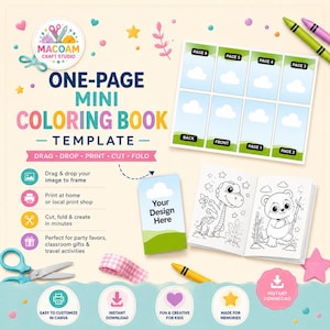 Pode incluir: Um modelo de mini livro de colorir de uma página com uma grade de layout, uma amostra dobrada e um livreto aberto com ilustrações de dinossauro e urso. Inclui texto: ONE-PAGE MINI COLORING BOOK, DRAG DROP PRINT CUT FOLD e INSTANT DOWNLOAD.