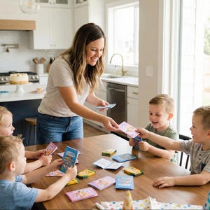 May include: A woman distributes colorful cards to children seated around a wooden table. The cards feature illustrations and text. A cake sits on a white cake stand in the background, suggesting a celebration or activity.