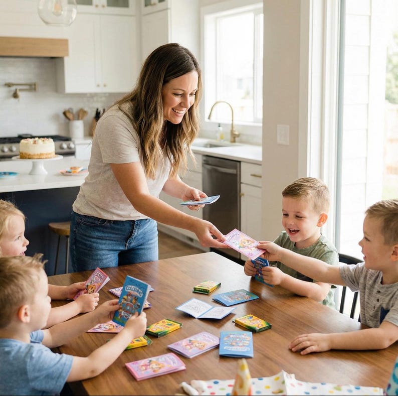 May include: A woman distributes colorful cards to children seated around a wooden table. The cards feature illustrations and text. A cake sits on a white cake stand in the background, suggesting a celebration or activity.