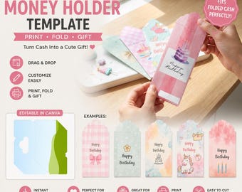 Editable Birthday Money Holder Template, Canva Template, Cash Gift Holder, Printable Gift Card Holder, Instant Access Digital Download