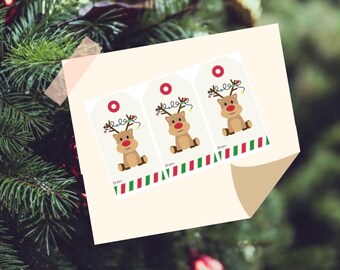 May include: Three Christmas gift tags featuring a cartoon reindeer with a red nose and antlers adorned with colorful lights. Each tag has a red circle at the top and a red, green, and white striped border at the bottom. The word "from" is printed on each tag.