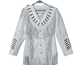 Chaqueta de ante blanco hecha a mano con flecos: abrigo bohemio de vaquera del oeste
