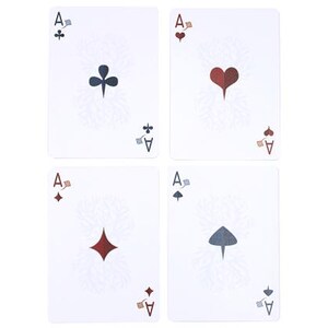May include: Four playing cards, each featuring the Ace of a suit: clubs, hearts, diamonds, and spades. The suits are colored in dark blue, red, and gray. The cards have a white background with a subtle floral design.