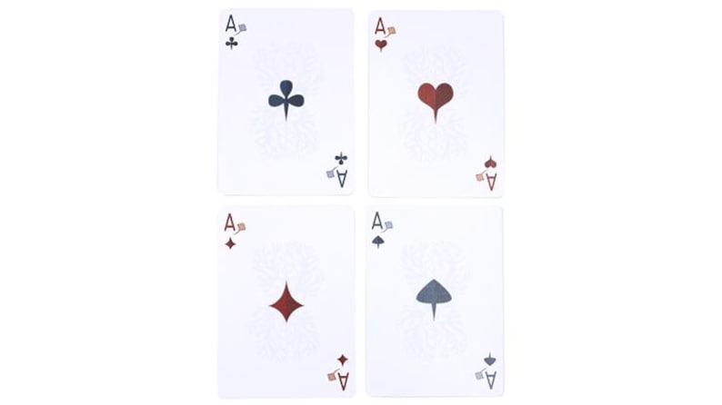 May include: Four playing cards, each featuring the Ace of a suit: clubs, hearts, diamonds, and spades. The suits are colored in dark blue, red, and gray. The cards have a white background with a subtle floral design.