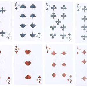 May include: Eight playing cards are displayed, showcasing various suits and numbers. The cards feature clubs, spades, diamonds, and hearts in gray and red. Numbers range from 2 to 10, with the suit symbols arranged accordingly. The cards are on a white background.