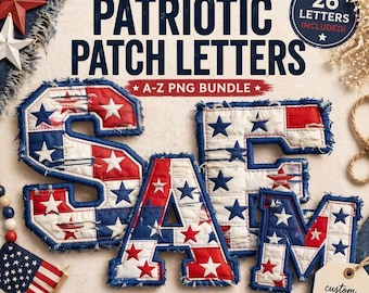 Patriotic Stars Alphabet Bundle PNG, A-Z Distressed Letter Digital Download, Patchwork Initial Sublimation, Faux Applique Letter DTF Design