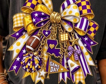 PNG de día de partido de Luisiana, PNG de lazo de fútbol americano morado y dorado, PNG de fútbol americano de Luisiana, sublimación de lazo para día de partido, diseño de camiseta de fútbol americano del sur