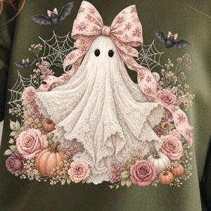 Fantasma Coquette PNG, Fantasma com Laço Rosa PNG, Fantasma Fofo de Halloween PNG, Fantasma Floral para Sublimação, PNG Feminino de Halloween, Coquette Assustadora imagem 4