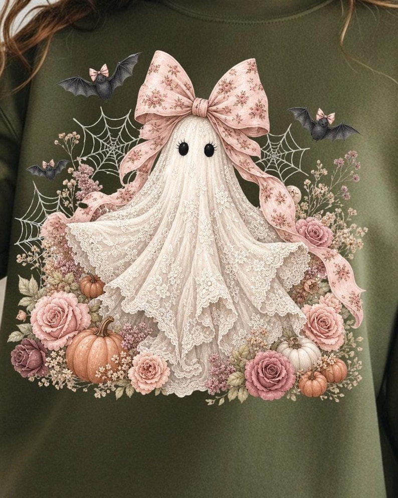 Fantasma Coquette PNG, Fantasma com Laço Rosa PNG, Fantasma Fofo de Halloween PNG, Fantasma Floral para Sublimação, PNG Feminino de Halloween, Coquette Assustadora imagem 4