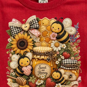 Puede incluir: Camiseta roja con un diseño gráfico colorido. El diseño incluye un girasol, un panal, abejas, tarros de miel, fresas y el texto "Sweet as Honey". La obra de arte tiene un estilo ilustrativo caprichoso.