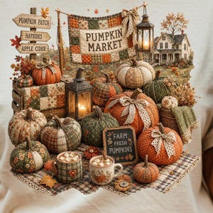 May include: A fall-themed illustration featuring a pumpkin market scene. The image includes various pumpkins, lanterns, and signs that read "Pumpkin Patch," "Hayrides," and "Apple Cider." A sign says "Farm Fresh Pumpkins."