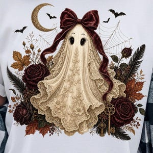 Dark Coquette Ghost PNG, Gothic Ghost shirt, Velvet Bow Ghost PNG, Dark Academia Halloween PNG, Vintage Lace Ghost Sublimation