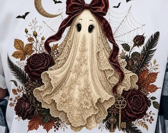 Dark Coquette Ghost PNG, Gothic Ghost shirt, Velvet Bow Ghost PNG, Dark Academia Halloween PNG, Vintage Lace Ghost Sublimation