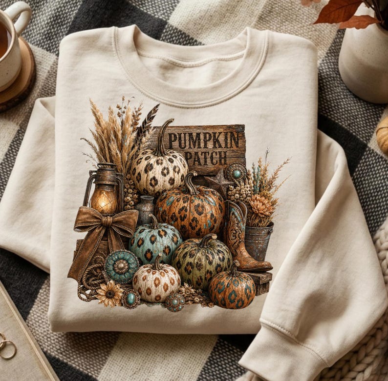 May include: Cream-colored sweatshirt featuring a "Pumpkin Patch" design. The graphic includes various pumpkins with leopard print and other patterns, a lantern, cowboy boots, and decorative elements. The design is set against a rustic wooden sign.