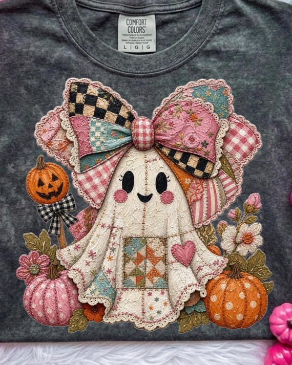 Patchwork Ghost PNG Bundle | Coquette Halloween Ghost PNGs | Quilted Bow Ghost Sublimation Design | Trendy Spooky Cute Fall Shirt PNG Bundle