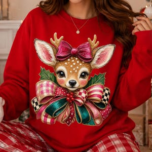 Cervo di Natale PNG, Renna civettuola PNG, Fiocco rosa di Natale PNG, Cervo natalizio vintage, Design di sublimazione natalizio da boutique immagine 4
