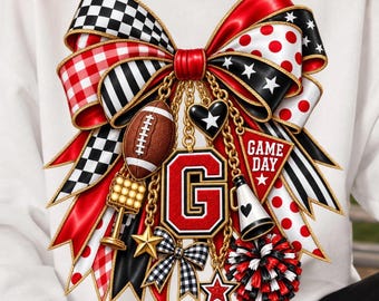 Georgia Game Day PNG, Red Football Bow PNG, Football Mom PNG, Game Day Charm Bow, Blue White Football Sublimation, Sports png