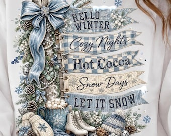 Hola Invierno PNG, Noches Acogedoras Chocolate Caliente PNG, Que Nieva Diseño de Camiseta de Invierno, Días de Nieve Sublimación PNG, Boutique de Invierno Navidad