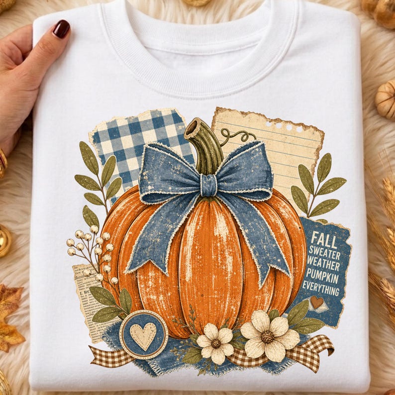 May include: White sweatshirt featuring a large orange pumpkin with a blue bow, surrounded by fall-themed graphics. The design includes the text "FALL SWEATER WEATHER PUMPKIN EVERYTHING". A heart-shaped emblem is also present.