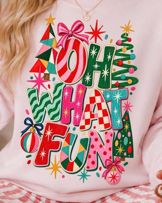 Oh What Fun PNG, Retro Christmas PNG, Colorful Christmas Shirt png, Mismatched Letter png, Funky Holiday Sublimation Design