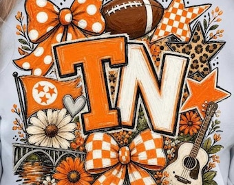 Orange Football Fan PNG, Southern Game Day Bow PNG, Hand Painted Football Design, Checkerboard Sports PNG, Sublimation Transfer Design