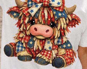 4th of July Highland Cow PNG, Patriotic Patchwork Cow Digital Download, Highland Cow Sublimation PNG, Americana Cow DTF Transfer Design