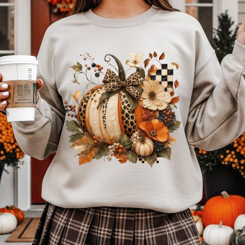 Leopard Pumpkin PNG | Coquette Fall Pumpkin Shirt Design | Trendy Autumn Floral Pumpkin Graphic | Checkered Pumpkin Bow PNG | Boutique Fall image 5