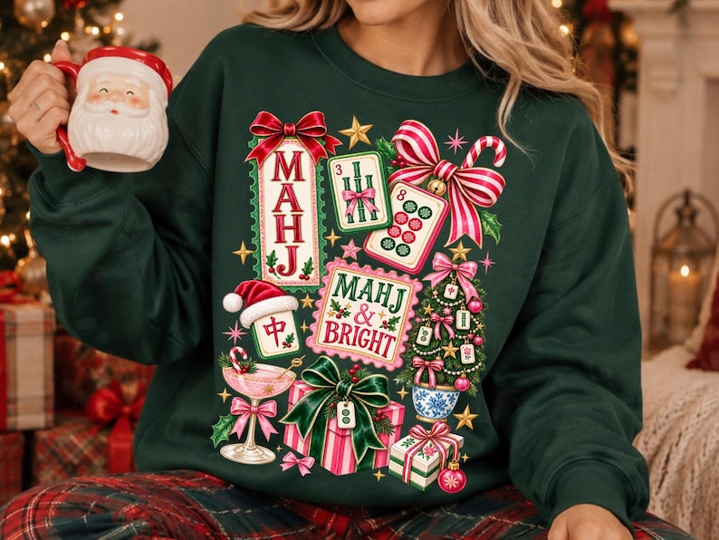 K&ouml;nnte beinhalten: Ein dunkelgr&uuml;nes Sweatshirt mit einem festlichen Grafikdruck aus Mahjong-Steinen, einem Weihnachtsbaum, verpackten Geschenken, einem Cocktailglas und roten Schleifen. Der Text lautet "MAHJ" und "MAHJ & BRIGHT" in dekorativer Schrift, umgeben von goldenen Sternen.