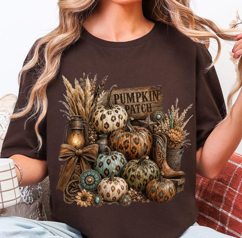 May include: Brown t-shirt featuring a fall-themed graphic. The design includes pumpkins with leopard print, a wooden sign that reads "Pumpkin Patch", and decorative elements like wheat, a lantern, and cowboy boots.
