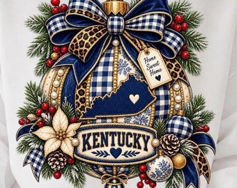 Adorno navideño de Kentucky PNG, diseño azul y blanco de Kentucky, sublimación navideña "Hogar dulce hogar", diseño para camisetas de Kentucky, transferencia DTF