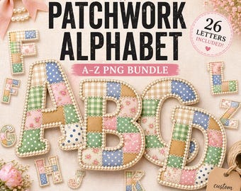 Alfabeto Patchwork PNG, Paquete de Letras Coquette A-Z, Letras de Tela con Efecto Acolchado, Nombre Personalizado PNG, Descarga Digital Estilo Preppy Femenino