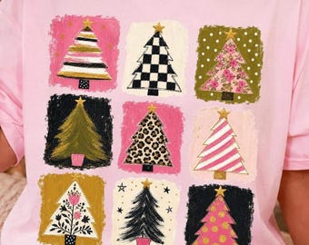Paquete de PNG de árboles de Navidad caprichosos, PNG de árbol de Navidad leopardo rosa, árboles navideños retro, PNG de Navidad preppy, sublimación navideña boutique