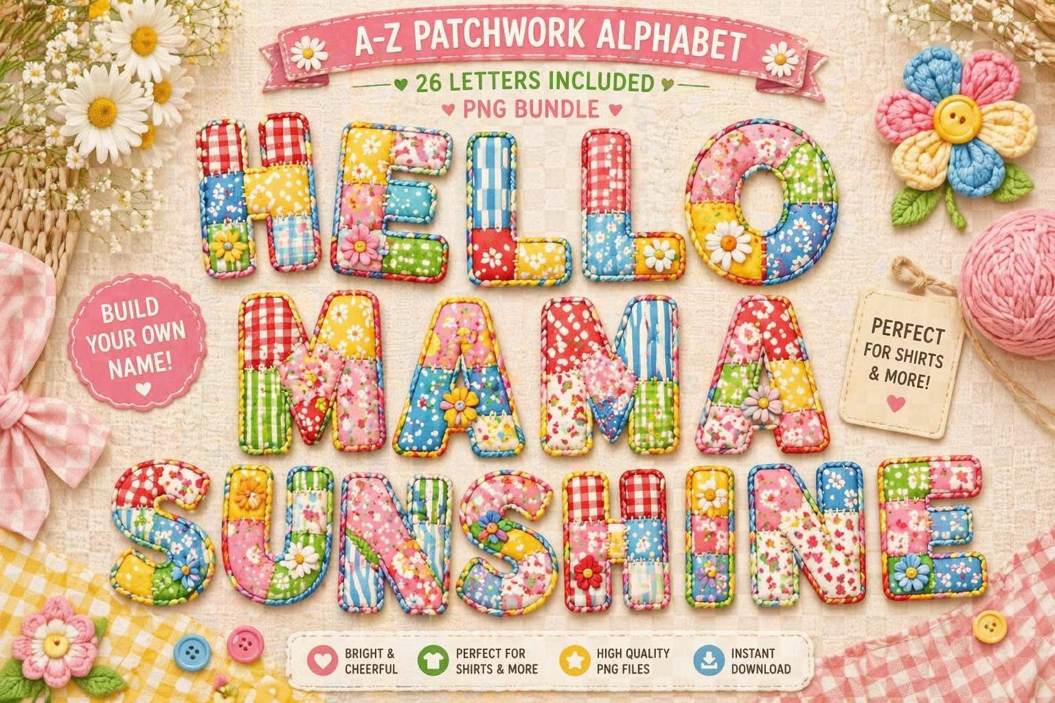 Patchwork Alphabet PNG Bundle, Colorful Quilt Letters A-Z, Build Your ...