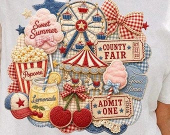 County Fair PNG Coquette Zomercarnaval Shirtontwerp Zoete Zomer Patchwork Grafisch | Americana Fair T-shirt Leuk limonadekersenstrikontwerp