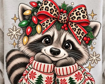 Paquete de imágenes PNG de mapaches navideños, imágenes PNG de mapaches adorables, imágenes PNG de Navidad coquetas, imágenes PNG de animales navideños femeninos, diseño de sublimación navideña