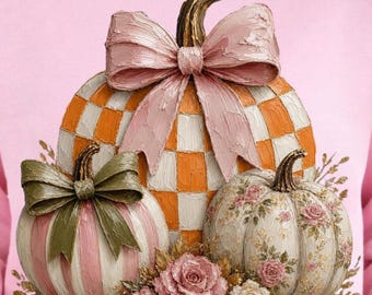 Coquette Pumpkin PNG | Girly Fall Shirt Design | Pink Bow Checkered Pumpkin Graphic | Floral Autumn Sweatshirt PNG Boutique Fall Tee Design
