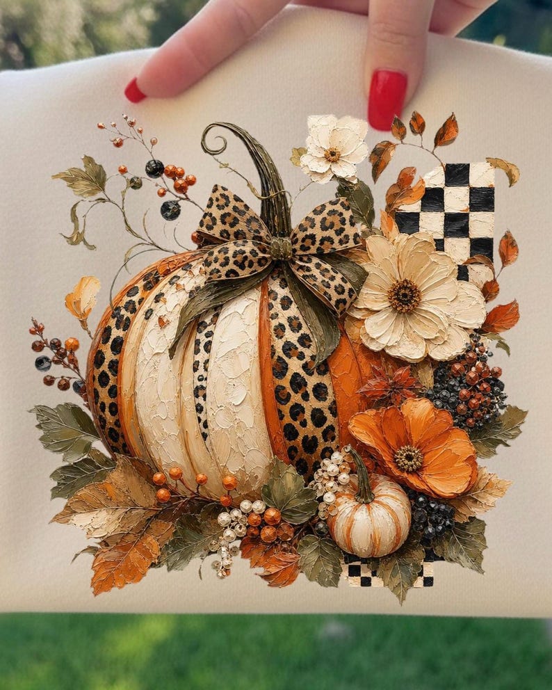 Leopard Pumpkin PNG | Coquette Fall Pumpkin Shirt Design | Trendy Autumn Floral Pumpkin Graphic | Checkered Pumpkin Bow PNG | Boutique Fall image 2