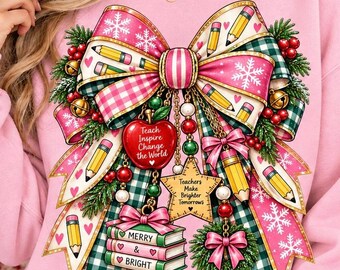 PNG de profesor/a de Navidad, PNG de lazo navideño para profesor/a, PNG de profesor/a alegre y brillante, Sublimación rosa para profesor/a de Navidad, Camiseta de profesor/a