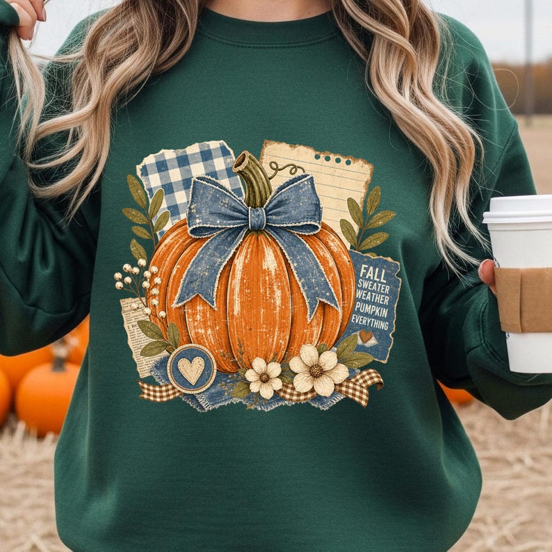 May include: Green sweatshirt featuring a large orange pumpkin with a blue bow, surrounded by floral and plaid accents. The design includes the text "FALL SWEATER WEATHER PUMPKIN EVERYTHING". A cozy autumn-themed graphic.