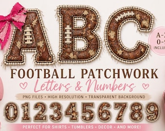 Football Alphabet & Numbers PNG Bundle, Distressed Letters A-Z, Pearl Outline Font, Faux Pigskin Leather Letters, Sports Mom, Football Fans
