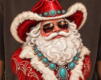 Papá Noel del Oeste PNG, Navidad Vaquera PNG, Papá Noel Turquesa PNG, Diseño de Camiseta de Navidad del Oeste, Sublimación de Papá Noel Vaquero PNG