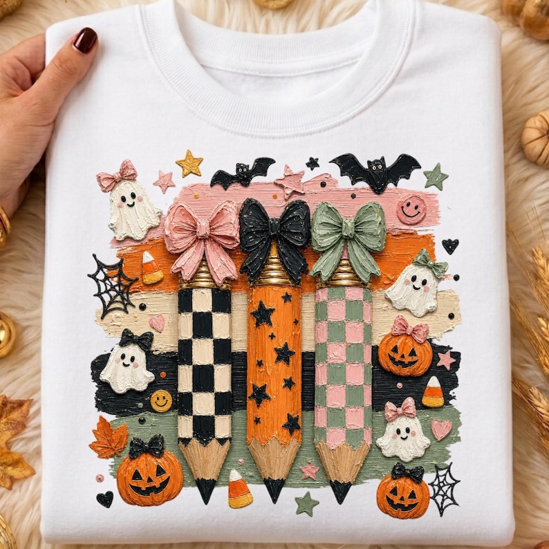 K&ouml;nnte beinhalten: Wei&szlig;es Sweatshirt mit einem Halloween-Motiv. Das Design zeigt drei Bleistifte mit Schleifen, Geistern, K&uuml;rbissen, Flederm&auml;usen, Sternen und S&uuml;&szlig;igkeiten. Die Bleistifte haben karierte und Sternmuster.