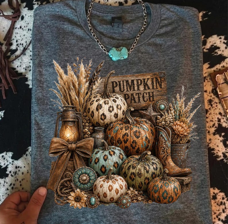 May include: Gray t-shirt featuring a fall-themed design with pumpkins, wheat, a lantern, and a sign that reads "Pumpkin Patch." The pumpkins have various patterns and colors. A turquoise necklace is draped on the shirt.