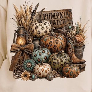 May include: Cream-colored sweatshirt featuring a fall-themed design. The design includes pumpkins with leopard print patterns, a lantern, a wooden sign that reads "Pumpkin Patch", and a cowboy boot. Decorative elements include dried flowers and turquoise accents.