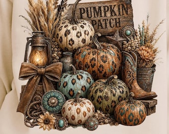 Western Leopard Pumpkin Patch PNG – Boho Fall Cowgirl Sweatshirt Design