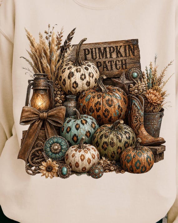 Western Leopard Pumpkin Patch PNG – Boho Fall Cowgirl Sweatshirt Design