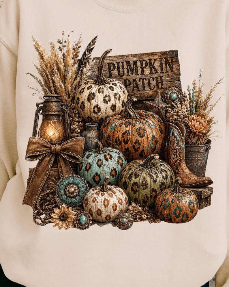 Western Leopard Pumpkin Patch PNG – Boho Fall Cowgirl Sweatshirt Design image 1
