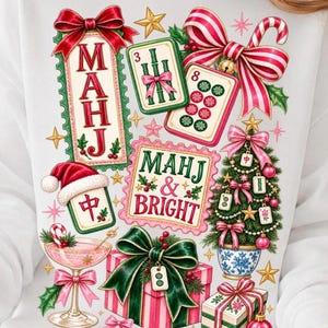 Weihnachts-Mahjong-PNG, Mahj & Bright-PNG, Mahjong-Weihnachts-Shirt-Design, Geschenk für Mahjong-Fans, Rosa Weihnachten-PNG, Spieleabend in der Weihnachtszeit Bild 1